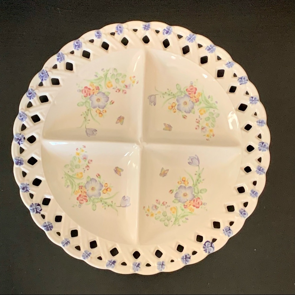 Tosho Butterly & Flower 13” Lace Border Four Section Plate Japanese Fine China